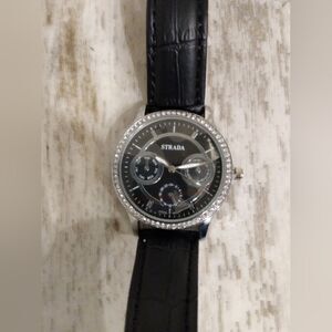 Brand New STRADA Watch with Black Leather Strap and Crystal Accents - Never Worn